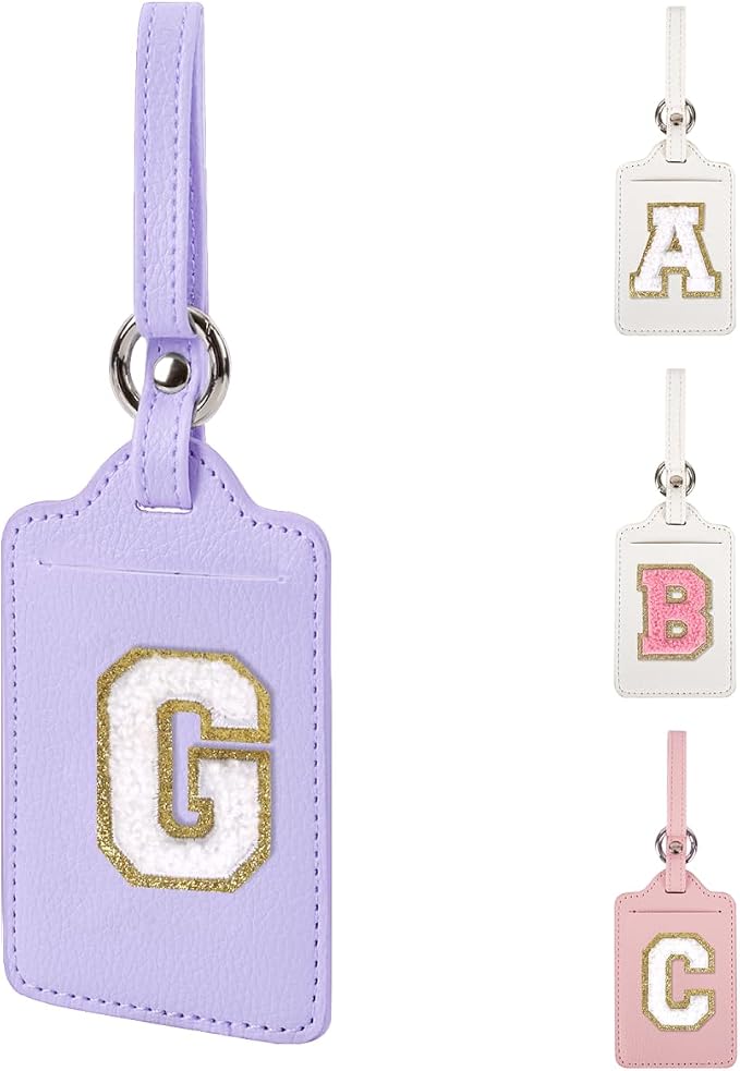 Personalized Initial Luggage Tags for Suitcases, Leather Chenille Letter Cute Luggage Tags with Privacy Name Card, Embroidered Travel Bag Backpack Tag Gifts for Women Kids Girls Teens(Purple-G) by XSUIOY