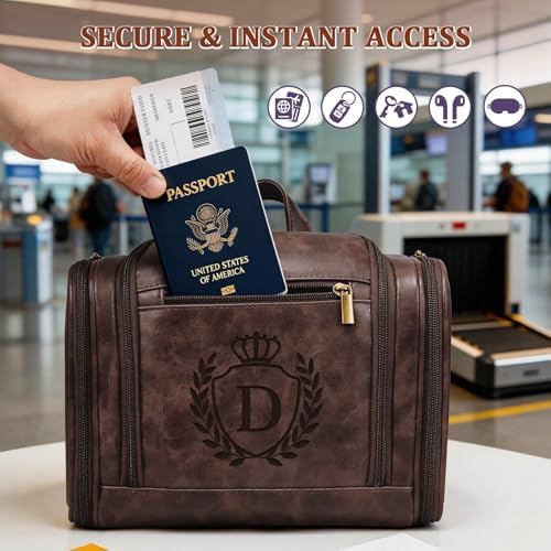 Personalized Travel Gifts for Men Beach Vacation Lake Pool Day Cruise Air Traveling Essentials, Large Mens Leather Toiletries Bag Waterproof Dopp Kit Shaving Case, Tan Initial Letter D - Image 5