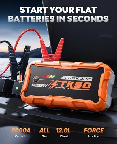 TREKURE Portable Car Jump Starter 8000A 26800mAh, Car Battery Jump Starter for All Gas and 12L Diesel Engines, Battery Jumper, Portable Jump Box Car Battery with Fast Charge, LED Light - Orange - Image 2