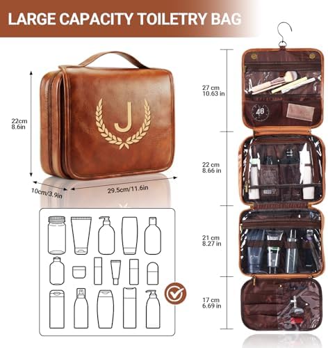 OXYEFEI Personalized Hanging Travel Toiletry Bag Gift for Men,Engraved Initial PU Leather Mens Large Toiletry Travel Essential Organizer Dopp Kit Shaving Bag for Him Birthday (P, Light Brown) - Image 2