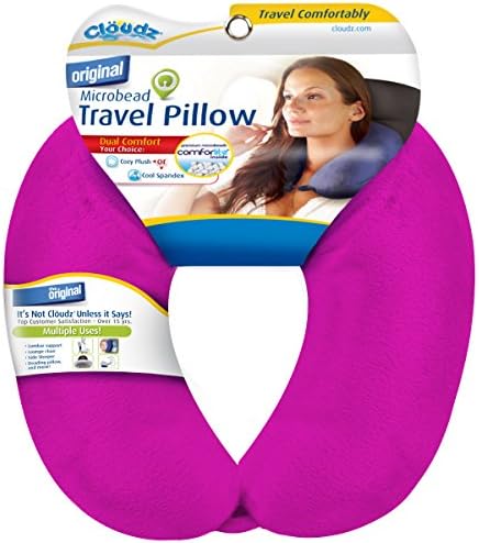 Cloudz Dual Comfort Microbead Airplane Travel Neck Pillow. Soft Cozy Plush Fabric on One Side, Cool Relaxing Spandex on The Other! Customize Your Comfort and Support at Home or On The Go! Bright Pink by Cl%C3%B6udz