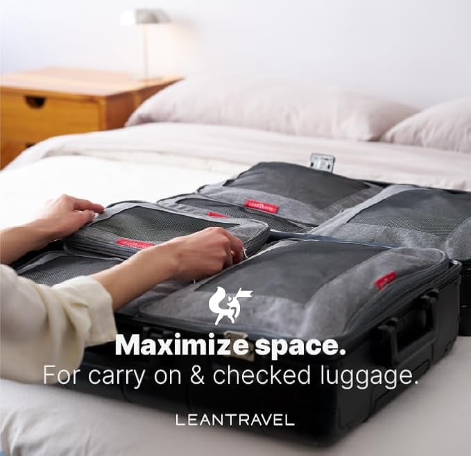 LeanTravel Premium Compression Packing Cubes for Travel - Suitcase Organizer Bags with Double Zipper & Breathable Mesh Panel - Space Saving Carry On Luggage Essentials (1 Large Bag, Grey)