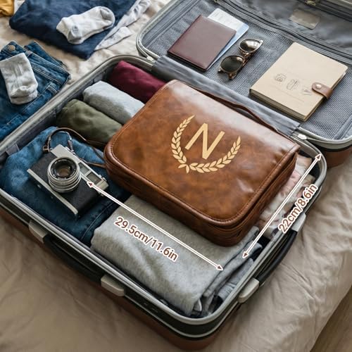 OXYEFEI Personalized Hanging Travel Toiletry Bag Gift for Men,Engraved Initial PU Leather Mens Large Toiletry Travel Essential Organizer Dopp Kit Shaving Bag for Him Birthday (P, Light Brown) - Image 6
