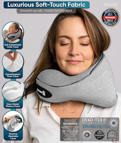 SNUGL Travel Pillow – Memory Foam Pillows - Neck Pillow for Airplane with Carry Bag & Clip – Neck Support Pillows for Pain Relief - Airplane Travel Essentials (Adult Regular - Grey) - Image 6