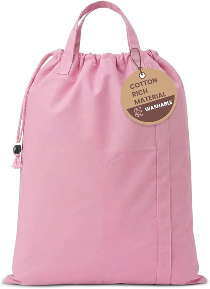 LFH Home Large Premium 1pack Cotton Canvas Laundry Bag with Drawstring and Handles Heavy Duty, Multi-Use, Washable for Home, Travel, College or Storage 24x36-Pink