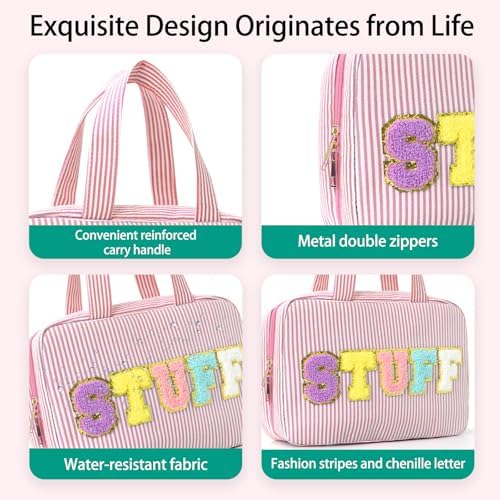 Travel Toiletry Bag for Women Chenille Letter Cosmetic Bag Fashion Stripes Water-resistant Makeup Bag with Hanging Hook for Store Toiletries Cosmetic Accessories Medium Pink - Image 2