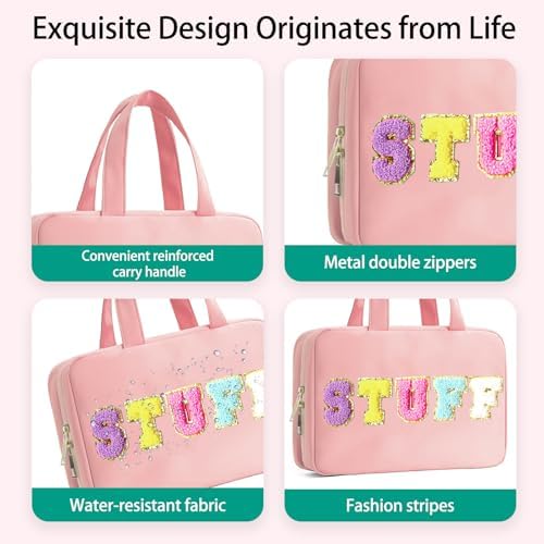 Toiletry Bag for Women Chenille Letter Makeup Bag Water-resistant Cosmetic Bag Travel Bag with Hanging Hook Preppy for Store Toiletries Cosmetic Accessories Medium Light Pink - Image 2