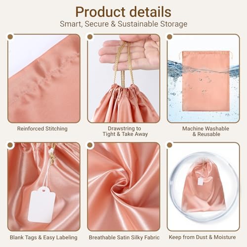 Ewen Pack of 12 Satin Drawstring Dustbags with Blank Tags, Dustproof Packing Pouch Set in Small Medium Large for Travel Essentials, Pink Orange Silk Bag for Handbags Clothes Purse Organization Storage - Image 3