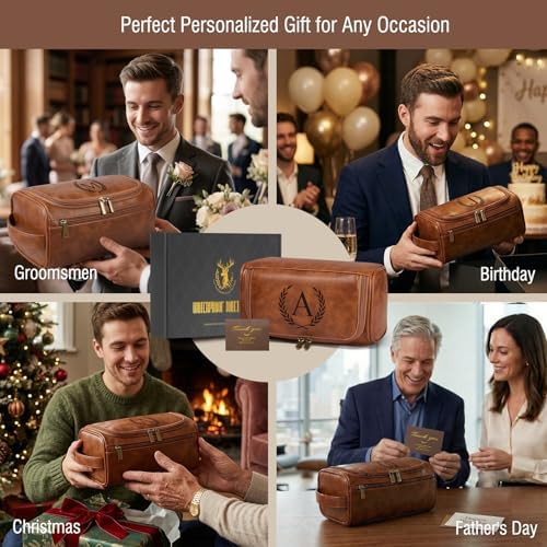 Travel Toiletry Bag Hanging For Mens PU Leather - Yellow Brown (Initial C) - Image 5