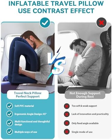 Inflatable Travel Pillow, Airplane Neck Pillow Comfortably Supports Head and Chin for Airplanes, Trains, Cars and Office Napping with 3D Eye Mask, Earplugs and Portable Drawstring Bag (Blue) - Image 5