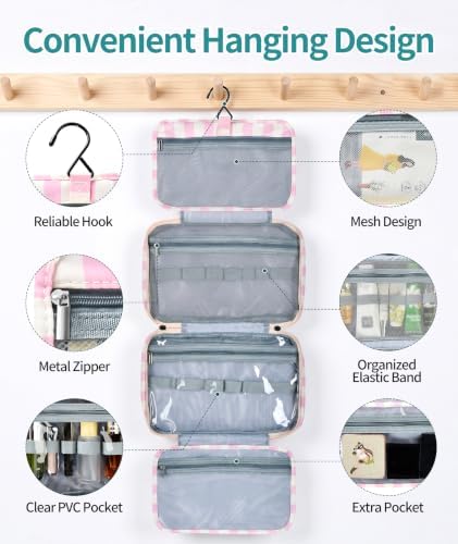 Personalized Travel Hanging Toiletry Bag & Makeup Bag Striped Pink J - Image 4
