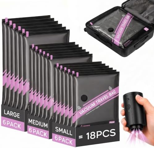 Vacuum Bags for Travel with Electric Pump, 21 Pack Vacuum Seal Bags for Clothing Travel, Cordless Vacuum Bag Set for Clothes, Luggage, Blankets (6L, 6M, 6S, 3 Shoe Bags), Pink by ZOESTORAGE