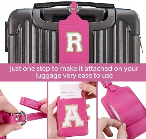 Personalized Initial Luggage Tags for Suitcases, Leather Chenille Letter Cute Luggage Tags with Privacy Name Card, Embroidered Travel Bag Backpack Tag Gifts for Women Kids Girls Teens(Rosered-R) - Image 3