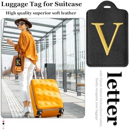 Personalized Initial Luggage Tags for Suitcases,Leather Letter Cute Luggage Tags with Privacy Name Card,Embroidered Monogrammed Travel Bag Backpack Tag Gifts for Women Kids Girls Teens(Black-V) - Image 6