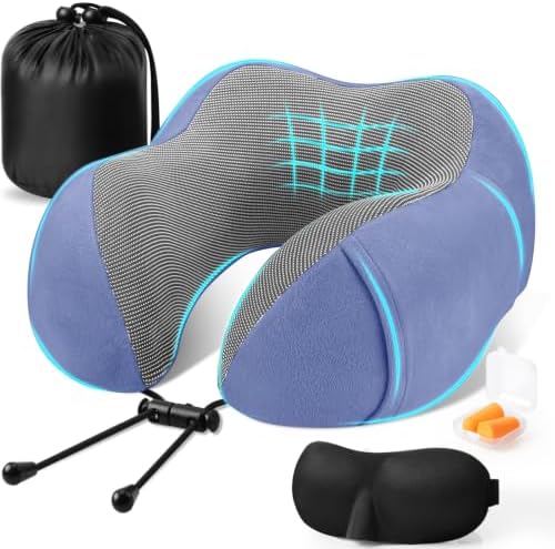 CloudBliss Travel Pillow for Airplanes, Memory Foam Neck Pillow Set, Blue by CloudBliss