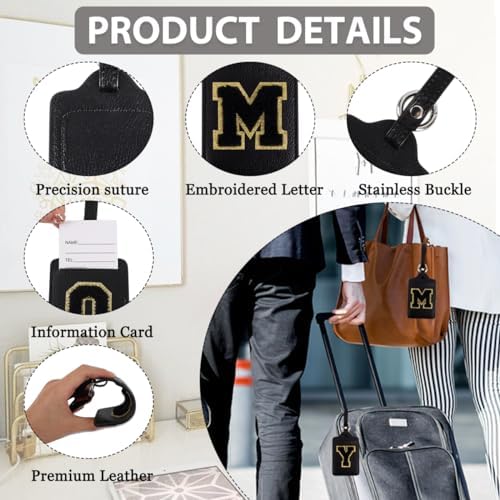 Personalized Initial Luggage Tags for Suitcases, Leather Chenille Letter Cute Luggage Tags with Privacy Name Card, Embroidered Travel Bag Backpack Tag Gifts for Women Kids Girls Teens(Black-M) - Image 4