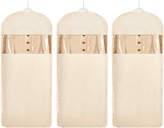 Space Saving Hanging Garment Bag with Self Compression Zipper，Dust Cover Clothes Bags for Down Coat,Dress,Suit，Closet Storage Organizer for Home Travel Use(Beige, XL)
