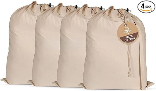 LFH Home Large Premium 100% Cotton Canvas Laundry Bag with Drawstring and Handles Heavy Duty, Multi-Use, and Washable for Home, Travel, College or Storage 20x30 (Pack of 4)-Natural