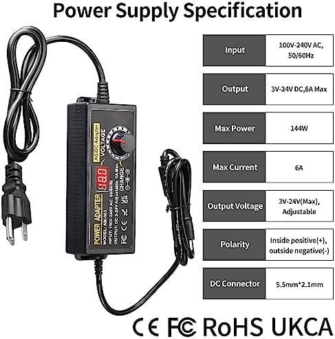 144W Adjustable Power Supply Adapter 3V~24V 6A Universal Variable Switching Power Adapter 100V-240V AC to DC Converter Transformer with 14 Tips&Polarity Converter3V 5V 6V 9V 12V 15V 16V 18V19V20V24V - Image 6
