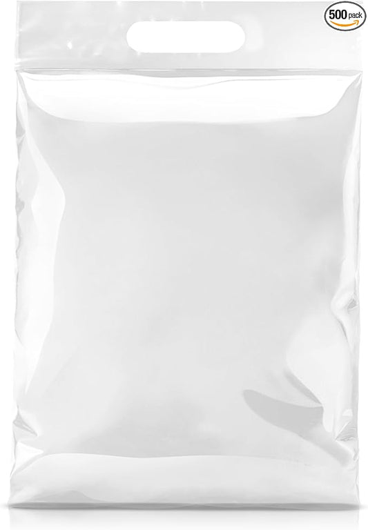 APQ Die Cut Zipper Bags, 13 x 15 Inches. Pack of 500 Clear Polyethylene Die Cut Handle Reclosable Zip Bags for Clothes, Tools. 3 Mil Thick Durable Reclosable Plastic Bags With Zipper Closure