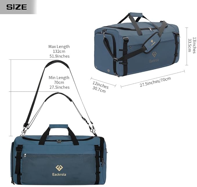 Extra Large Sports Gym Bag, Travel Duffel bag with Wet Pocket & Shoes Compartment for men women, 85L, Lightweight （Haze Blue）