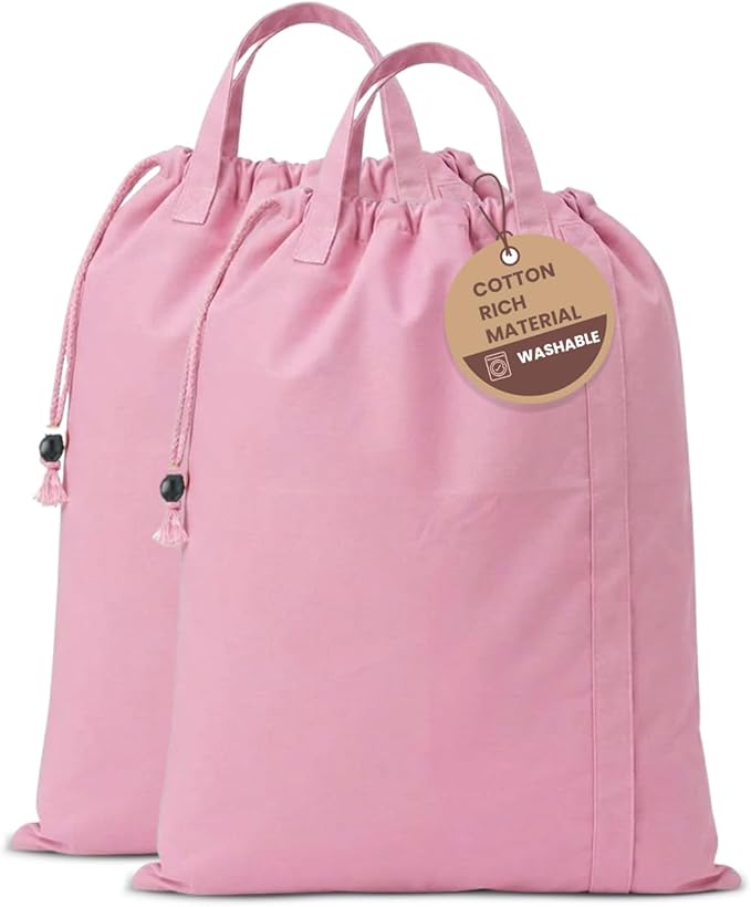 LFH Home Large Premium Cotton Canvas Laundry Bag with Drawstring and Handles Heavy Duty, Multi-Use, Washable for Home, Travel, College or Storage 28x36 (Pack of 2)-Pink