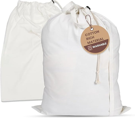 LFH Home Cotton Canvas Extra Large Laundry Bag with Handle, Stylish Drawstring Heavy Duty Laundry Bags For Travel, Home, Hotel, College Dorm and Camp Storage Bag 24x36 Inch, White