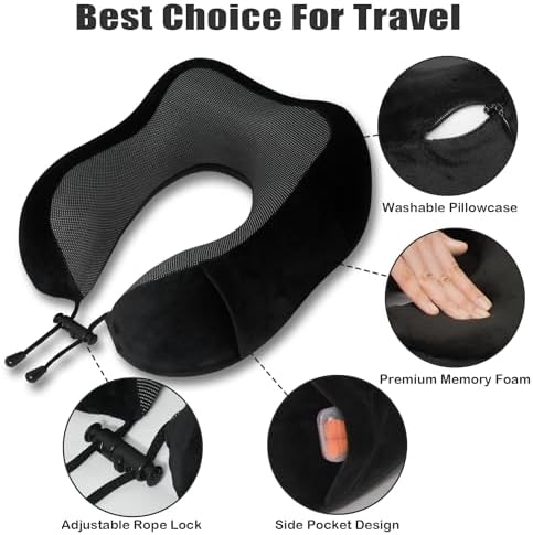 Travel Pillow, Memory Foam Neck Pillow for Traveling, U Shape Neck Pillow Airplane Portable Flight Pillow Travel Kit with 5D Contoured Eye Masks and Earplug for Plane Train Car Home Office - Image 3