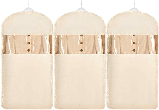Space Saving Hanging Garment Bag with Self Compression Zipper，Dust Cover Clothes Bags for Down Coat,Dress,Suit，Closet Storage Organizer for Home Travel Use (Beige, L)