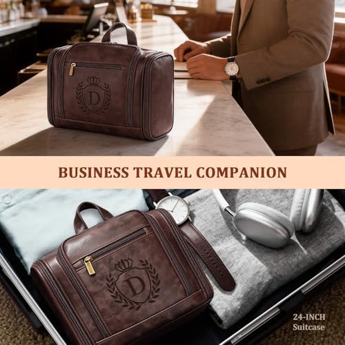 Personalized Travel Gifts for Men Beach Vacation Lake Pool Day Cruise Air Traveling Essentials, Large Mens Leather Toiletries Bag Waterproof Dopp Kit Shaving Case, Tan Initial Letter D - Image 6