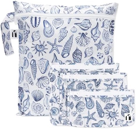 Bumkins Roamio Wet Bag and 3-Pack Clear-Sided Travel Pouches, Waterproof Fabric Organizer for Toiletries, Gym Clothes, Swim Gear, Shoes, Accessories, TSA Compliant Packing Set, Blue Shells 4-pc Set by Bumkins
