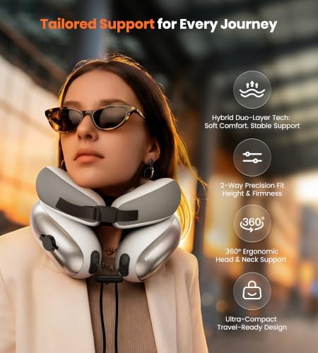 Neck Pillow for Traveling, Travel Pillows for Airplanes, Adjustable Neck Pillow Airplane Travel Essentials - 2 Layer Patented | Inflatable Air Loop & Memory Foam for 360° Ergonomic Support - Image 2