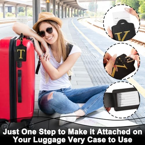 Personalized Initial Luggage Tags for Suitcases,Leather Letter Cute Luggage Tags with Privacy Name Card,Embroidered Monogrammed Travel Bag Backpack Tag Gifts for Women Kids Girls Teens(Black-V) - Image 4