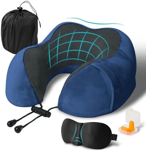 Travel Pillow, Memory Foam Neck Pillow for Traveling, U Shape Neck Pillow Airplane Portable Flight Pillow Travel Kit with 5D Contoured Eye Masks and Earplug for Plane Train Car Home Office - Blue by Unknown