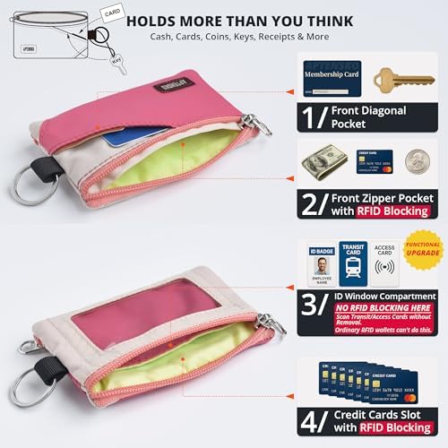 RFID Blocking Travel Wallet with Adjustable Lanyard, Small Nylon Zipper Pouch and Badge Holder for ID, Credit Cards, Cash, Keys, Commuters (Pink+Almond) - Image 6
