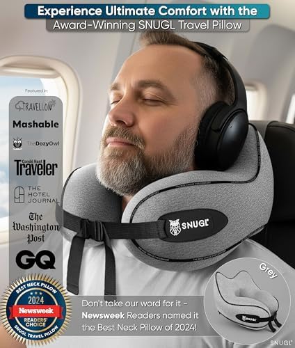 SNUGL Travel Pillow – Memory Foam Pillows - Neck Pillow for Airplane with Carry Bag & Clip – Neck Support Pillows for Pain Relief - Airplane Travel Essentials (Adult Regular - Grey) - Image 2