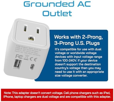 Ceptics Japan, Philippines Travel Adapter Plug with USB-A + USB-C - Usa Input - Type A - Ultra Compact (CTU-6) - Perfect for Cell Phones, Laptops, Camera Chargers - Image 3