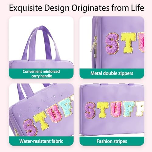 Toiletry Bag for Women Chenille Letter Makeup Bag Water-resistant Cosmetic Bag Travel Bag with Hanging Hook Preppy for Store Toiletries Cosmetic Accessories Medium Purple - Image 2