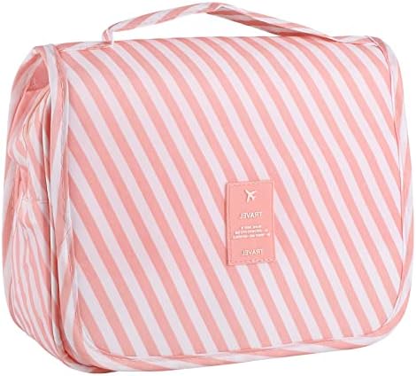 Hanging Toiletry Bag for Women, Portable Pink Striped Summer Beach Bag by Pengxiaomei