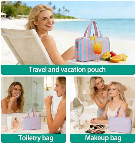 Toiletry Bag for Women Travel Water-resistant Cosmetic Bag Fashion Stripes Makeup Bag with Hanging Hook Preppy for Store Toiletries Cosmetic Accessories Medium Rose Red - Image 6