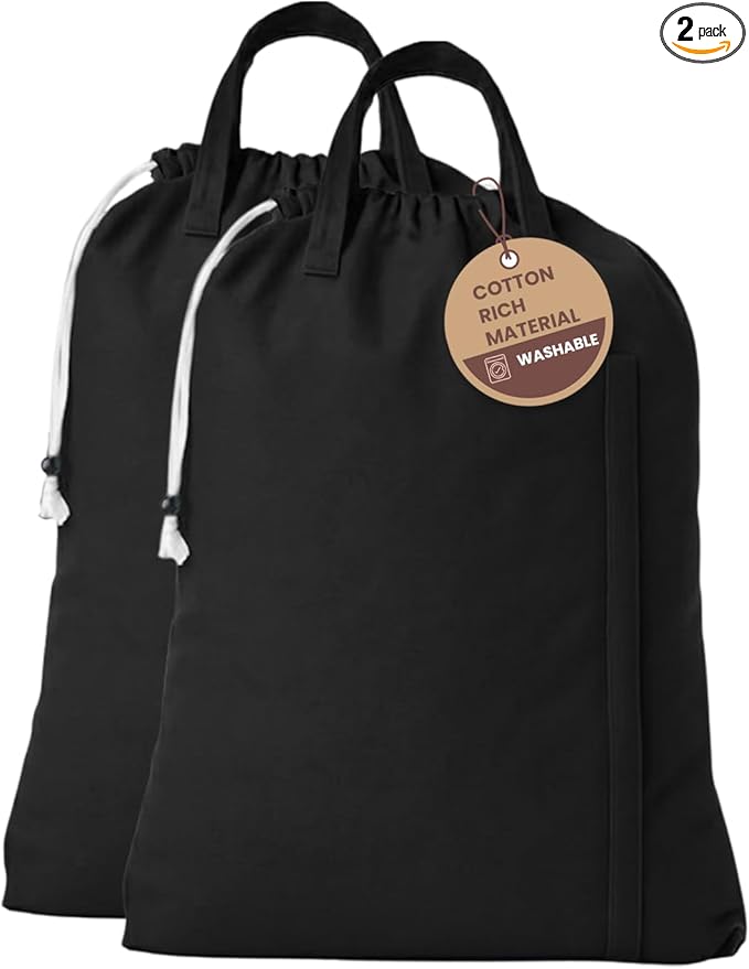 LFH Home Large Premium Cotton Canvas Laundry Bag with Drawstring and Handles Heavy Duty, Multi-Use, and Washable for Home, Travel, College or Storage 24x36 (Pack of 2)-Black