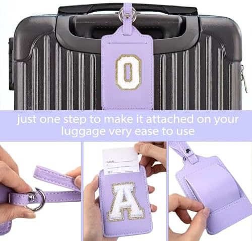 Personalized Initial Luggage Tags for Suitcases, Leather Chenille Letter Cute Luggage Tags with Privacy Name Card, Embroidered Travel Bag Backpack Tag Gifts for Women Kids Girls Teens(Purple-O) - Image 3