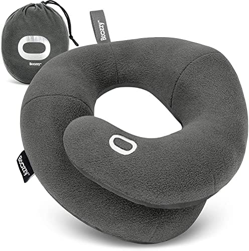 BCOZZY Travel Neck Pillow for Airplane – Patented Double Support for Head, Neck, and Chin. Best for Long Flights, Plane Sleeping, and Car Rides. Adjustable Size. Fully Washable. Carry Bag. Large, Gray by BCOZZY