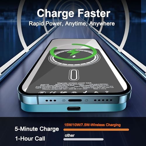 Magnetic Portable Charger 5000mAh, 15W Ultra Slim Wireless Portable Charger, Fast Charging for iPhone 17/16/15/14/13/12 Pro/Pro Max/Plus, Metal Shell, USB-C Cable to Charge Other Phones (Blue) - Image 2