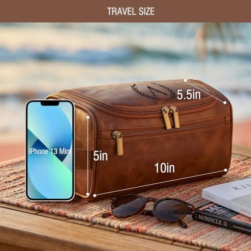 Travel Toiletry Bag Hanging For Mens PU Leather - Yellow Brown (Initial C) - Image 2
