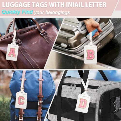 Personalized Initial Luggage Tags for Suitcases, Leather Chenille Letter Cute Luggage Tags with Privacy Name Card, Embroidered Travel Bag Backpack Tag Gifts for Women Kids Girls Teens(White-T) - Image 6