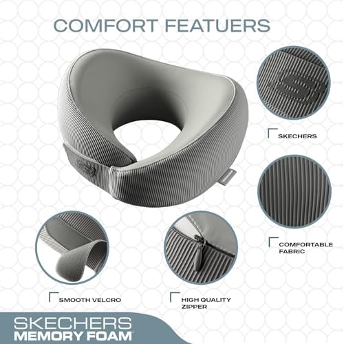 Skechers Memory Foam Neck Pillow, Comfortable & Breathable Travel Pillow,Neck Pillow Airplane for Travel, Car Rides, Home, and Office Use, Ergonomic Design for Men and Women,Grey - Image 3