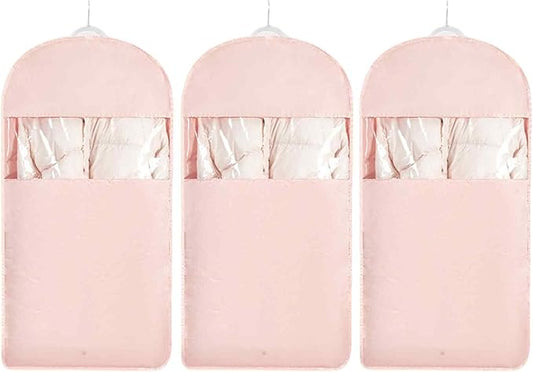 Space Saving Hanging Garment Bag with Self Compression Zipper，Dust Cover Clothes Bags for Down Coat,Dress,Suit，Closet Storage Organizer for Home Travel Use(Pink, L)
