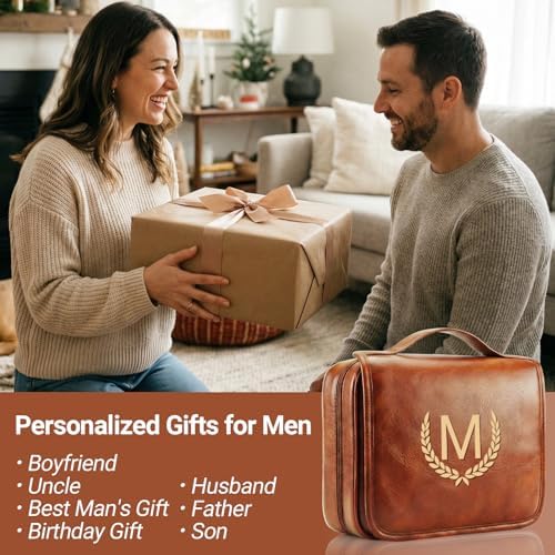 OXYEFEI Personalized Hanging Travel Toiletry Bag Gift for Men,Engraved Initial PU Leather Mens Large Toiletry Travel Essential Organizer Dopp Kit Shaving Bag for Him Birthday (P, Light Brown) - Image 3