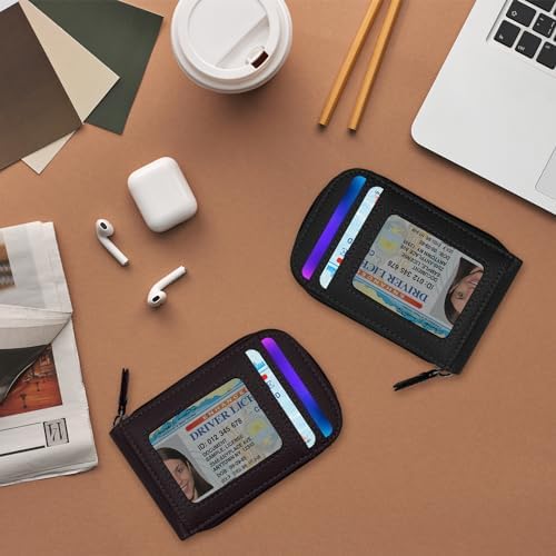 DKER Genuine Leather Mini Credit Card Case Organizer Compact Wallet with ID Window for Men And Women - 2 Pack Black+Coffee - Image 7